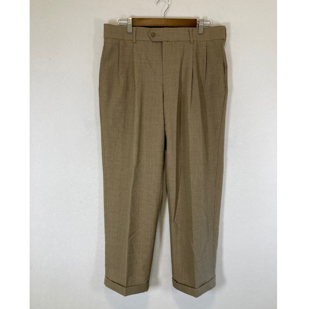 Classic Academia Stafford‎ Mens 34x29 Tan Houndstooth Pleated Cuffed Dress Pants